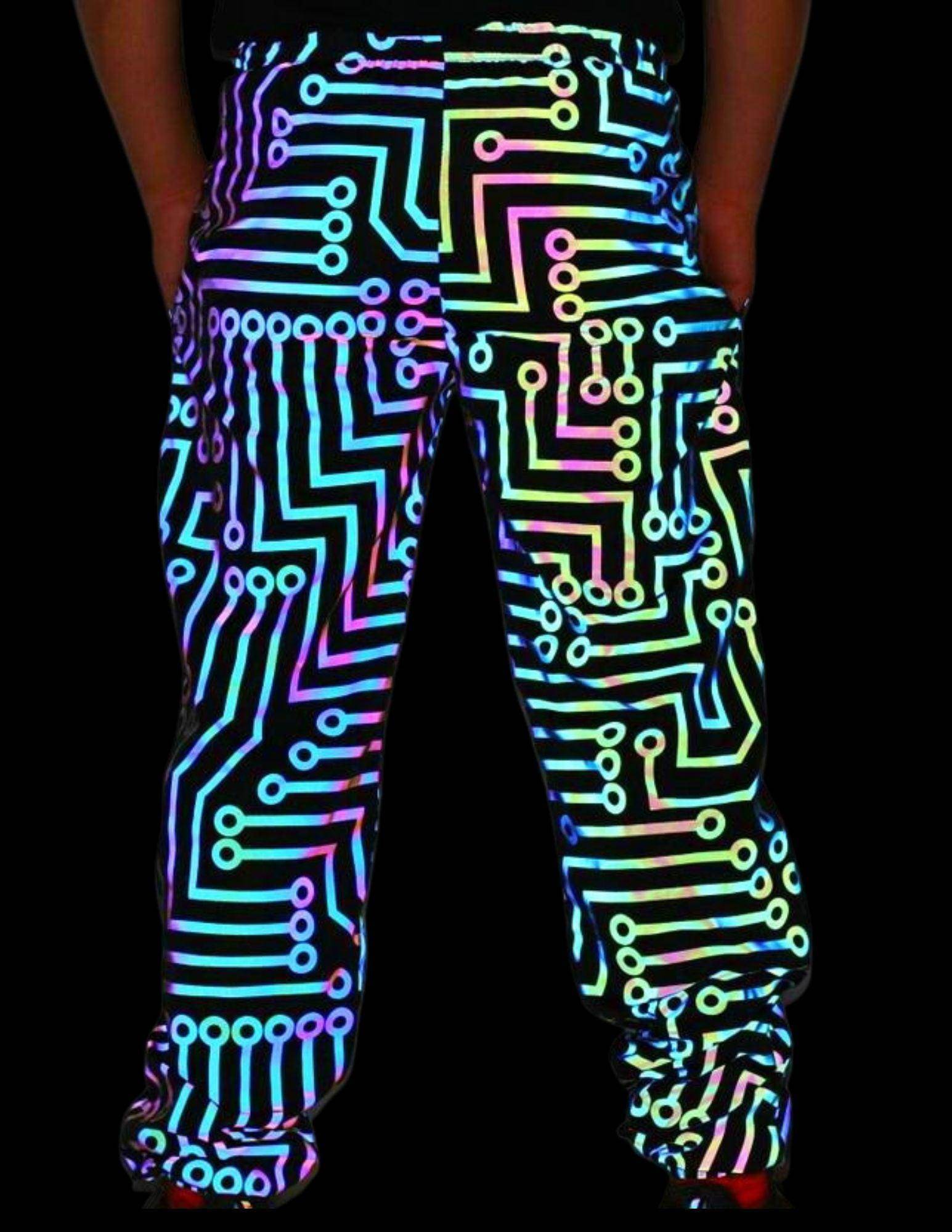 Men's glow in the dark pants with vibrant circuit patterns for a bold, stylish look