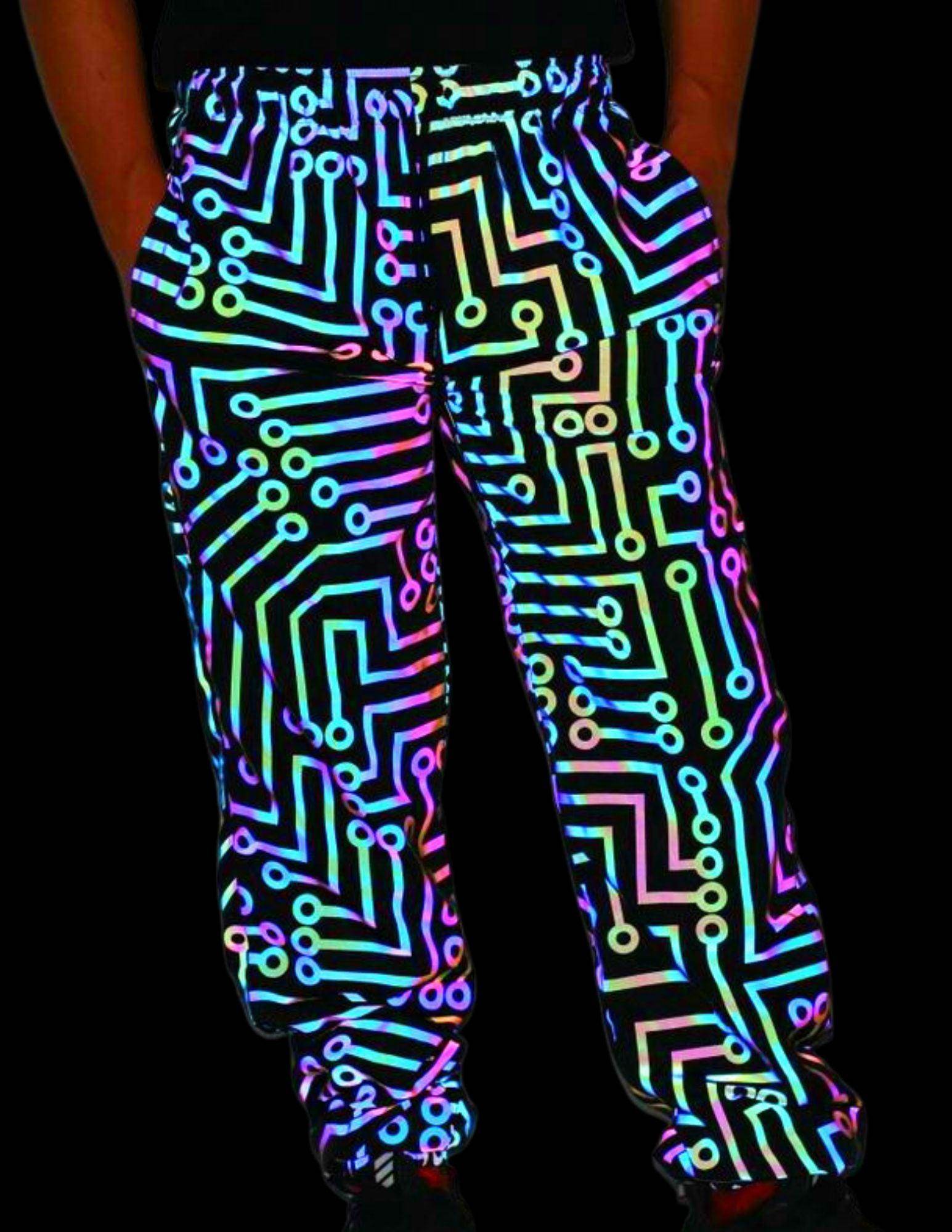 Men's glow in the dark pants with vibrant circuit pattern for stylish night outings