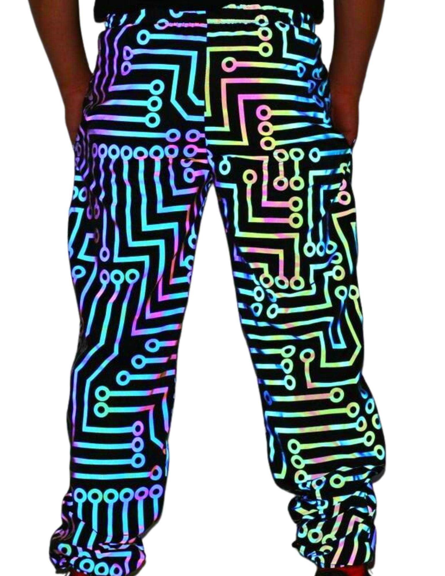 VacationGrabs glow in the dark pants with colorful circuit patterns for a stylish night look