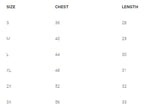 Size chart for Ocean and 7th men's go ask your mom shirt showing chest and length measurements