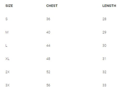 Size chart for Ocean and 7th men's go ask your mom shirt showing chest and length measurements