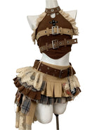 VacationGrabs punk vintage ruffle skirt outfit costume with brown buckled top and layered plaid skirt