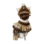 VacationGrabs punk vintage ruffle skirt outfit costume with brown buckled top and layered plaid skirt
