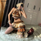 Punk vintage ruffle skirt outfit costume with layered skirt and belted top in earthy tones
