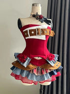 VacationGrabs punk vintage ruffle skirt outfit costume with layered plaid and denim skirt and corset top