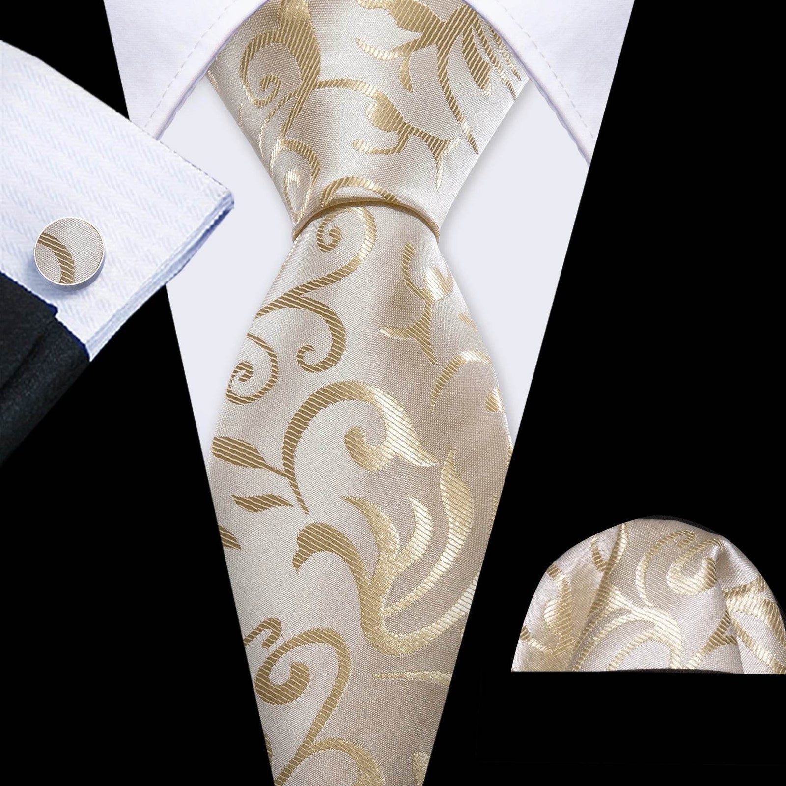 Men's gold and beige silk tie set for formal occasions
