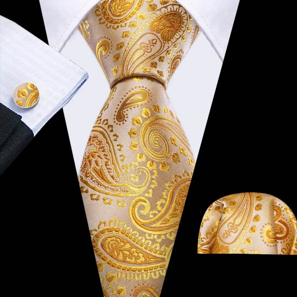 Men's gold and beige silk tie set, formal wear accessory