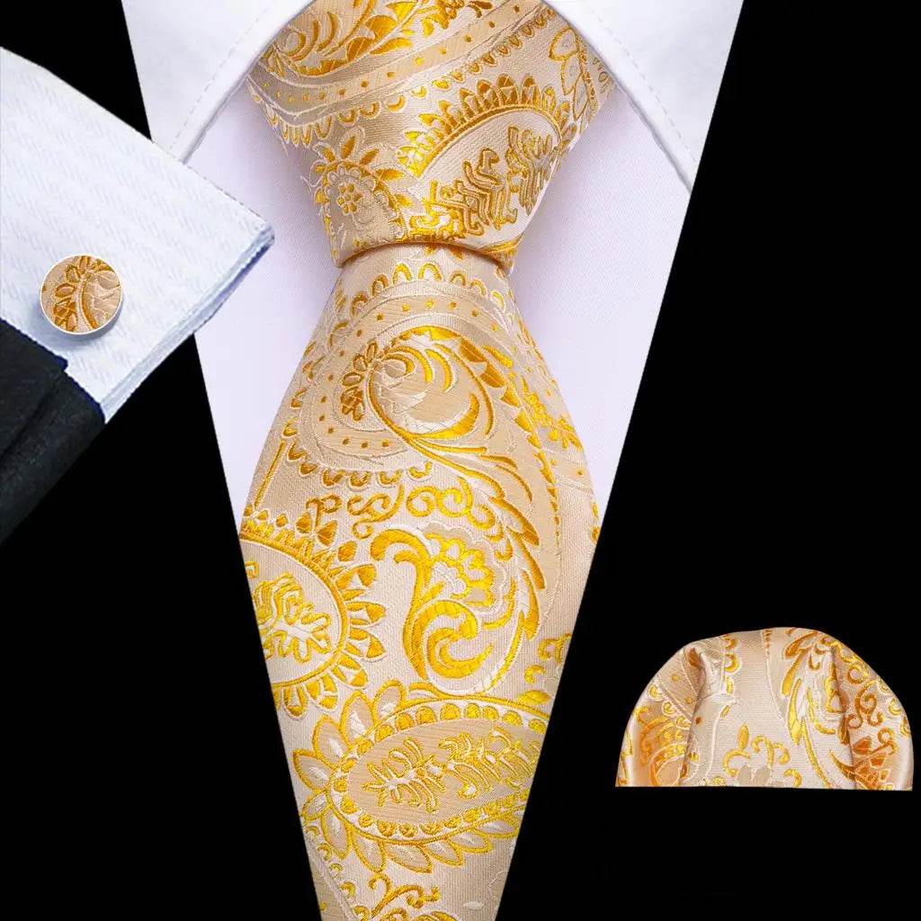 Men's gold and beige silk tie set, formal event accessory