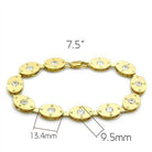 Elegant gold brass bracelet for women with sparkling crystal accents, measuring 7.5 inches