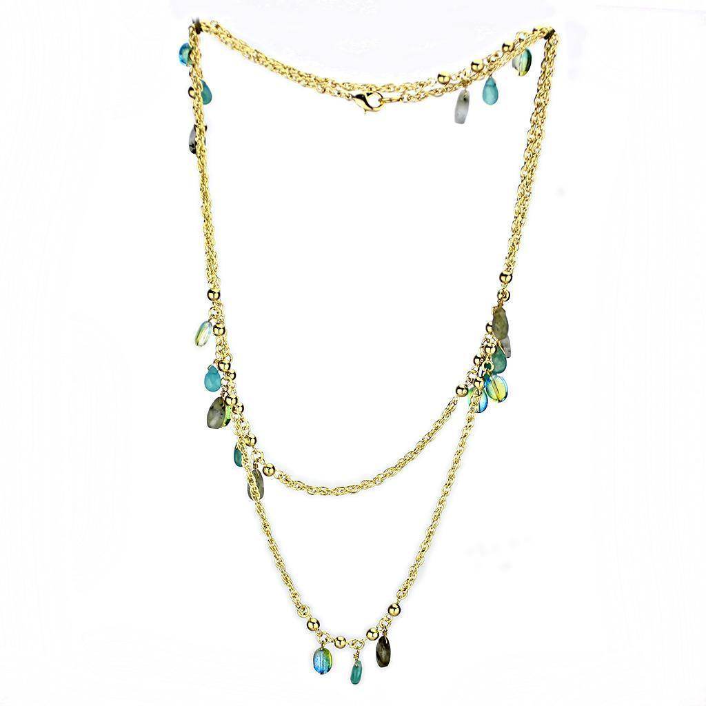 Gold brass necklace for women with layered chains and colorful gemstone accents
