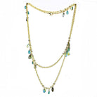 Gold brass necklace for women with layered chains and colorful gemstone accents