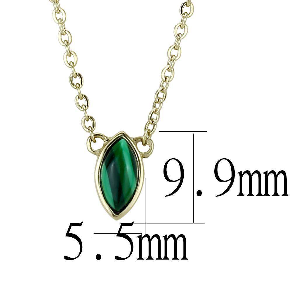 Stylish gold chain necklace with green pendant featuring a marquise design and precise measurements