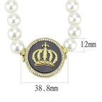 Gold crown pendant necklace for women with faux pearls and sparkling accents