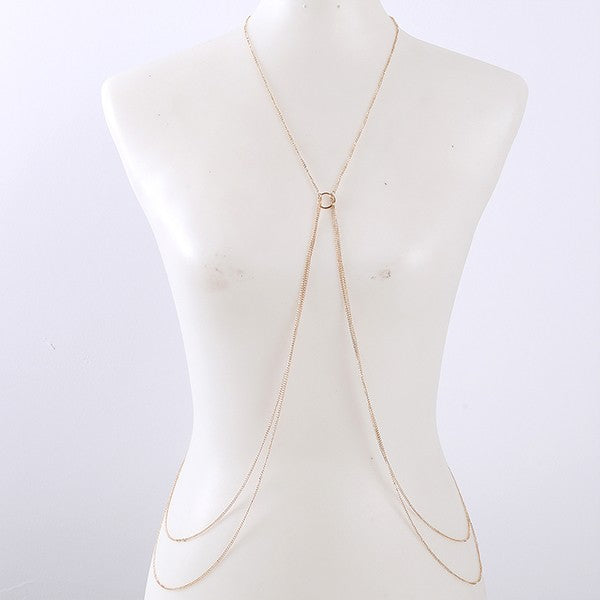 Bella Chic elegant gold double layered body chain displayed on white mannequin torso