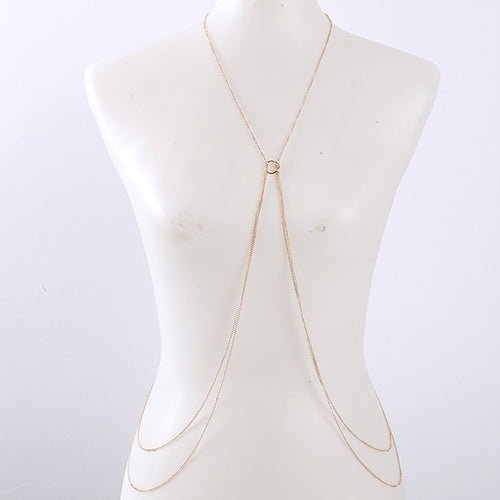 Bella Chic elegant gold double layered body chain displayed on white mannequin torso