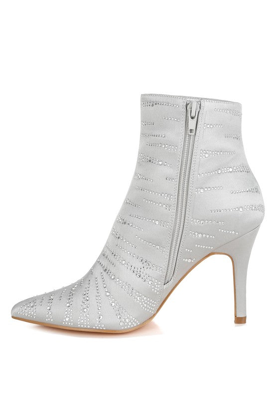 Stylish silver gold embellished ankle boots with pointed toe and zip closure for modern women