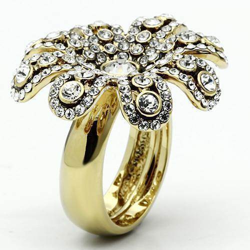 Gold flower statement ring for women adorned with sparkling rhinestones and a polished finish