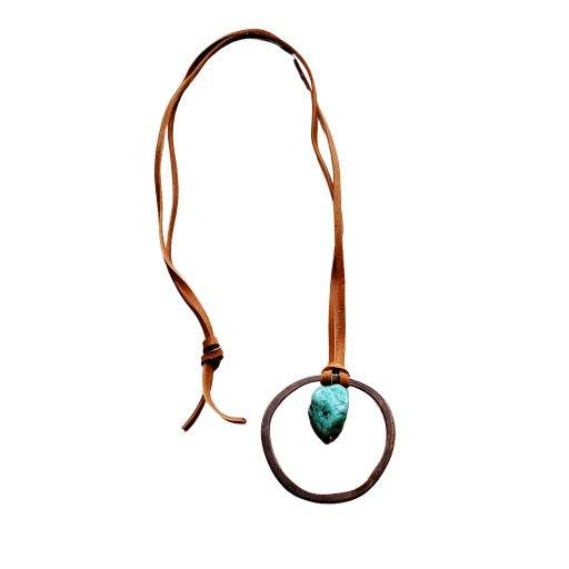 Bohemian style gold hoop necklace for vacation featuring a turquoise pendant on a leather cord