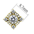 Gold plated stainless steel earrings featuring a sparkling diamond-like centerpiece and clear accents
