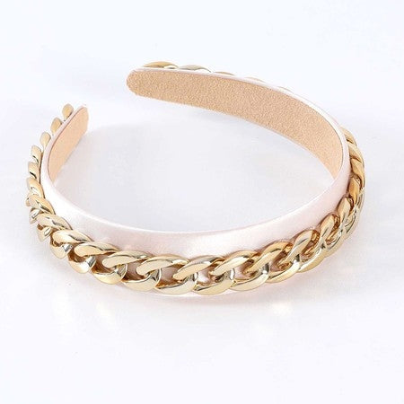 Bella Chic statement chain headband with gold chain detail and soft beige fabric lining