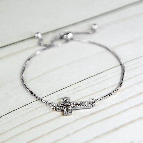ClaudiaG Collection Silver Tone Adjustable Bracelet featuring Gold Tone Cross Jewelry with Sparkling Details