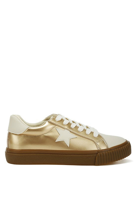 Women’s gold sneakers by Rag Company, ideal walking shoes for sightseeing tours