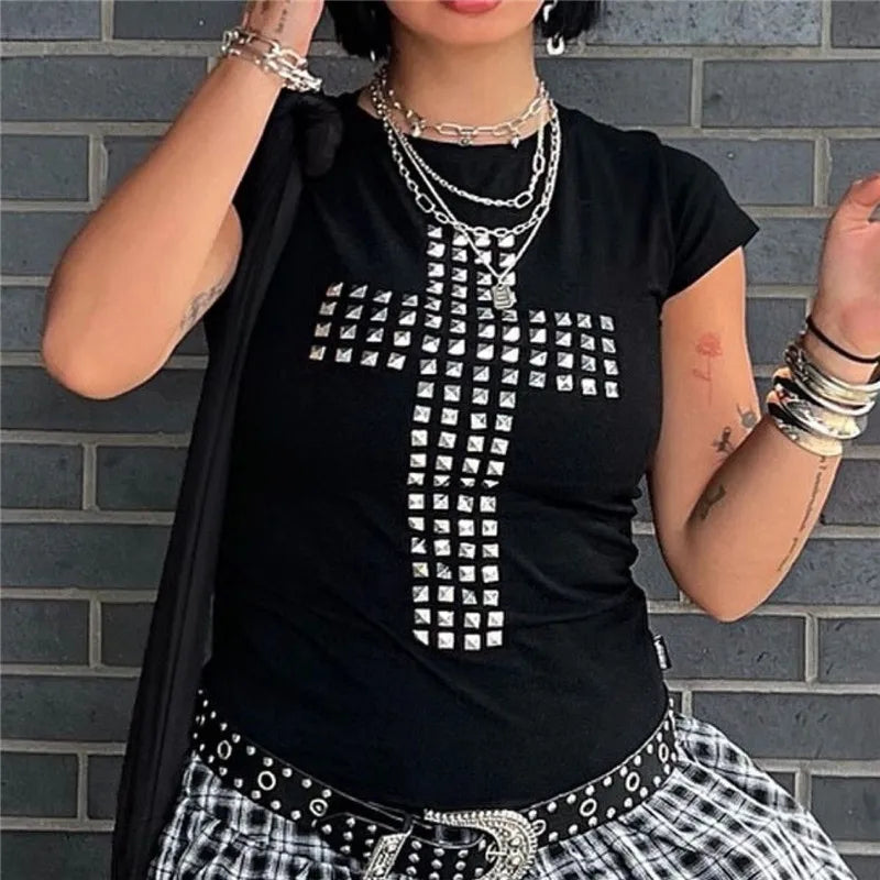 Women's black gothic fashion clothing shirt with studded cross design