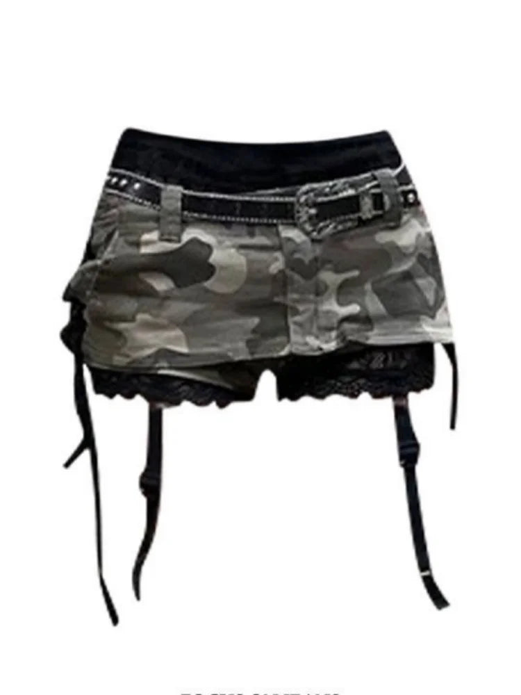 VacationGrabs gothic punk camouflage skirt with black lace trim and attached garter straps