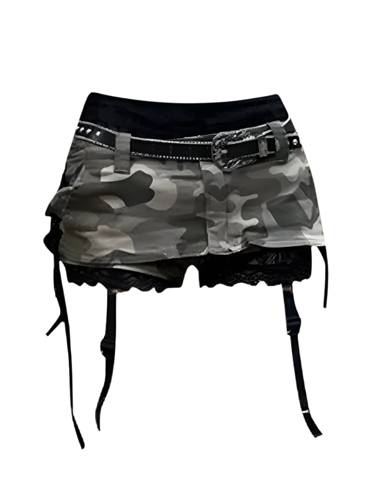 Gothic punk camouflage skirt with black belt and attached lace garter straps by VacationGrabs