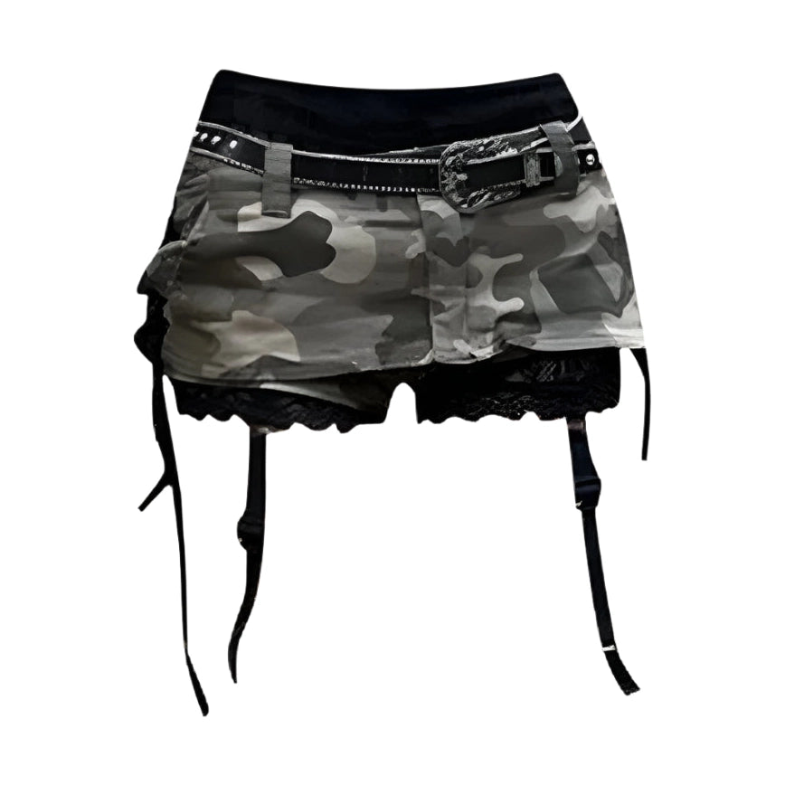 Gothic punk camouflage skirt with black belt and attached lace garter straps by VacationGrabs