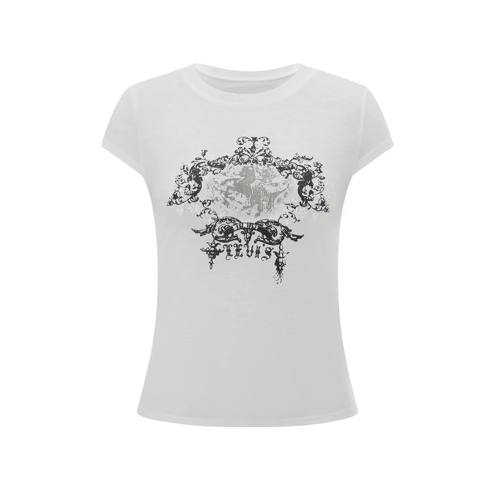 Women's white gothic t shirt with ornate black graphic design
