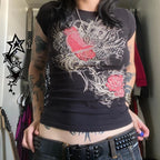 Women's black gothic t shirt with rose and graphic design for casual wear