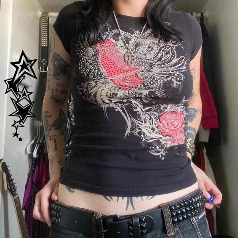 Women's black gothic t shirt with rose and graphic design for casual wear