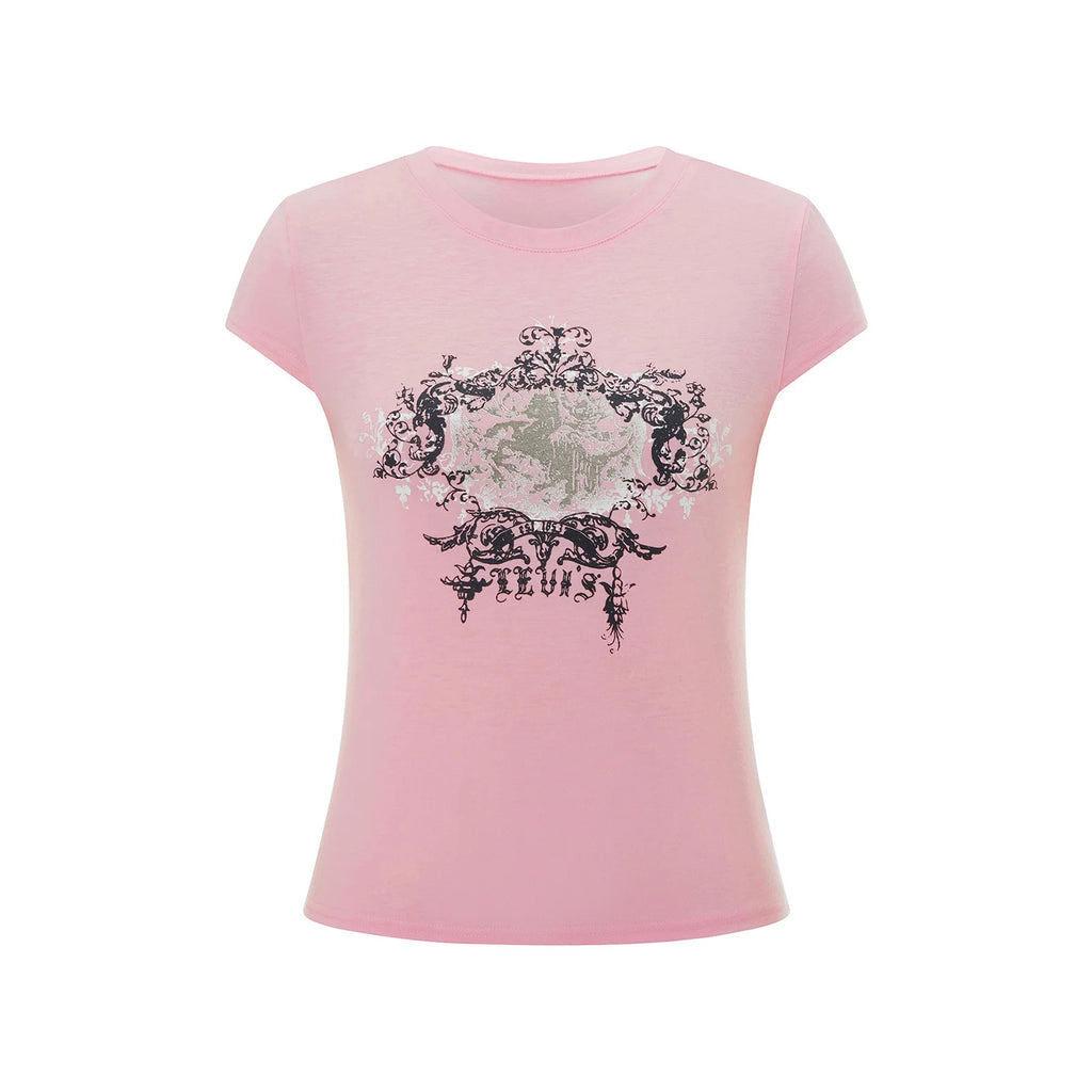 Women's pink gothic t shirt with unique graphic design for casual wear