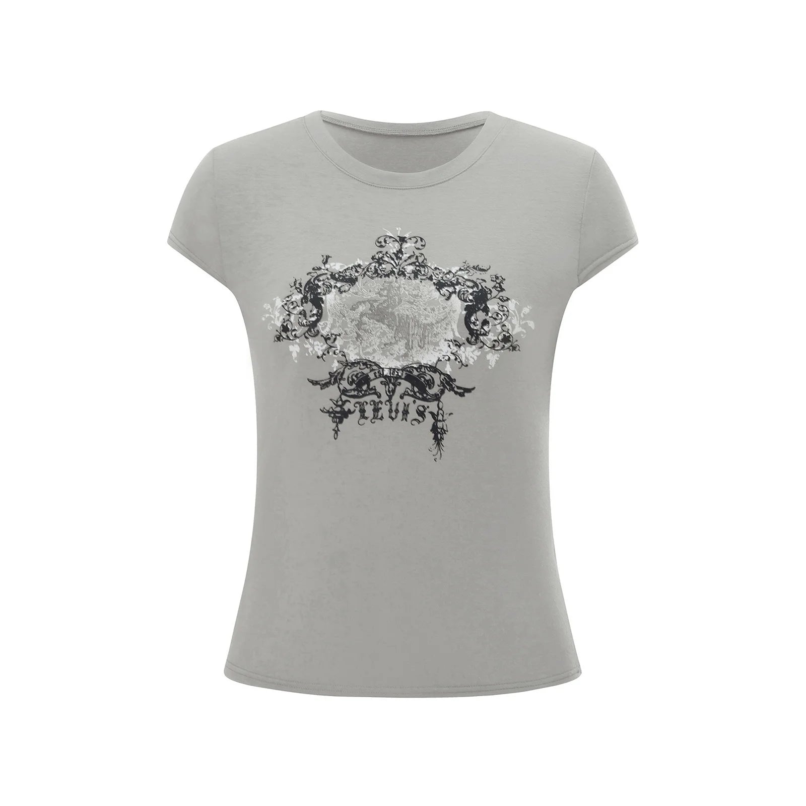 Women's gray gothic t shirt with stylish graphic design for casual wear