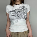 Women's gothic t shirt, white with intricate floral design, casual wear