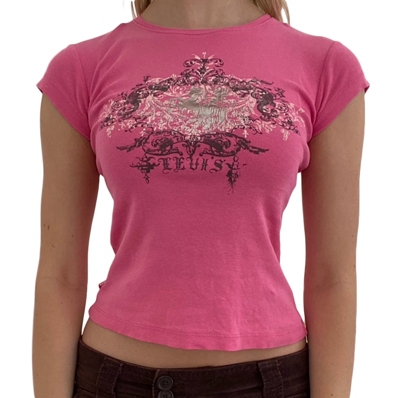Women's pink gothic t shirt with intricate floral design for casual wear