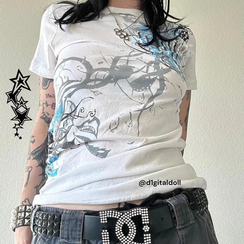 Women's gothic t shirt in white with unique graphic designs