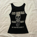 Women's black gothic t shirt with skull graphic for casual wear