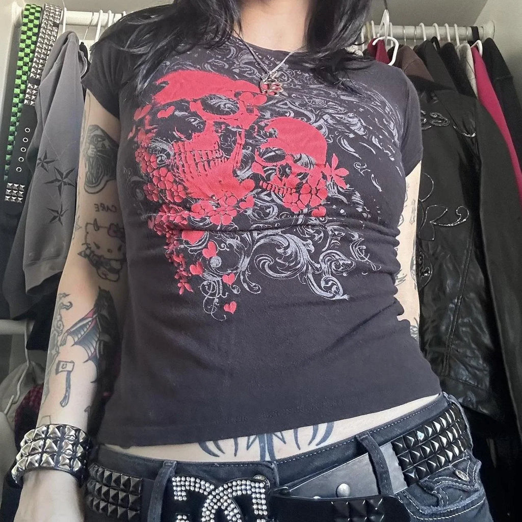 Women's gothic t shirt in black with red skull design for casual wear