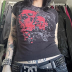 Women's gothic t shirt in black with red skull design for casual wear