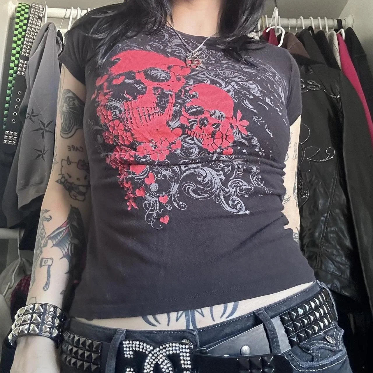 Women's gothic t shirt in black with red skull design for casual wear