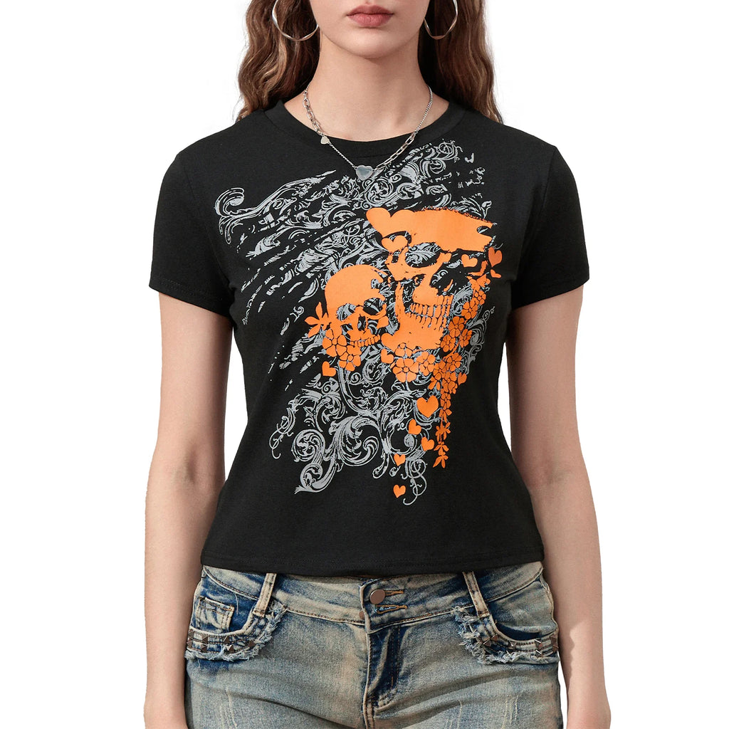 Women's gothic t shirt in black with vibrant skull design, casual wear