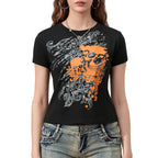 Women's gothic t shirt in black with vibrant skull design, casual wear