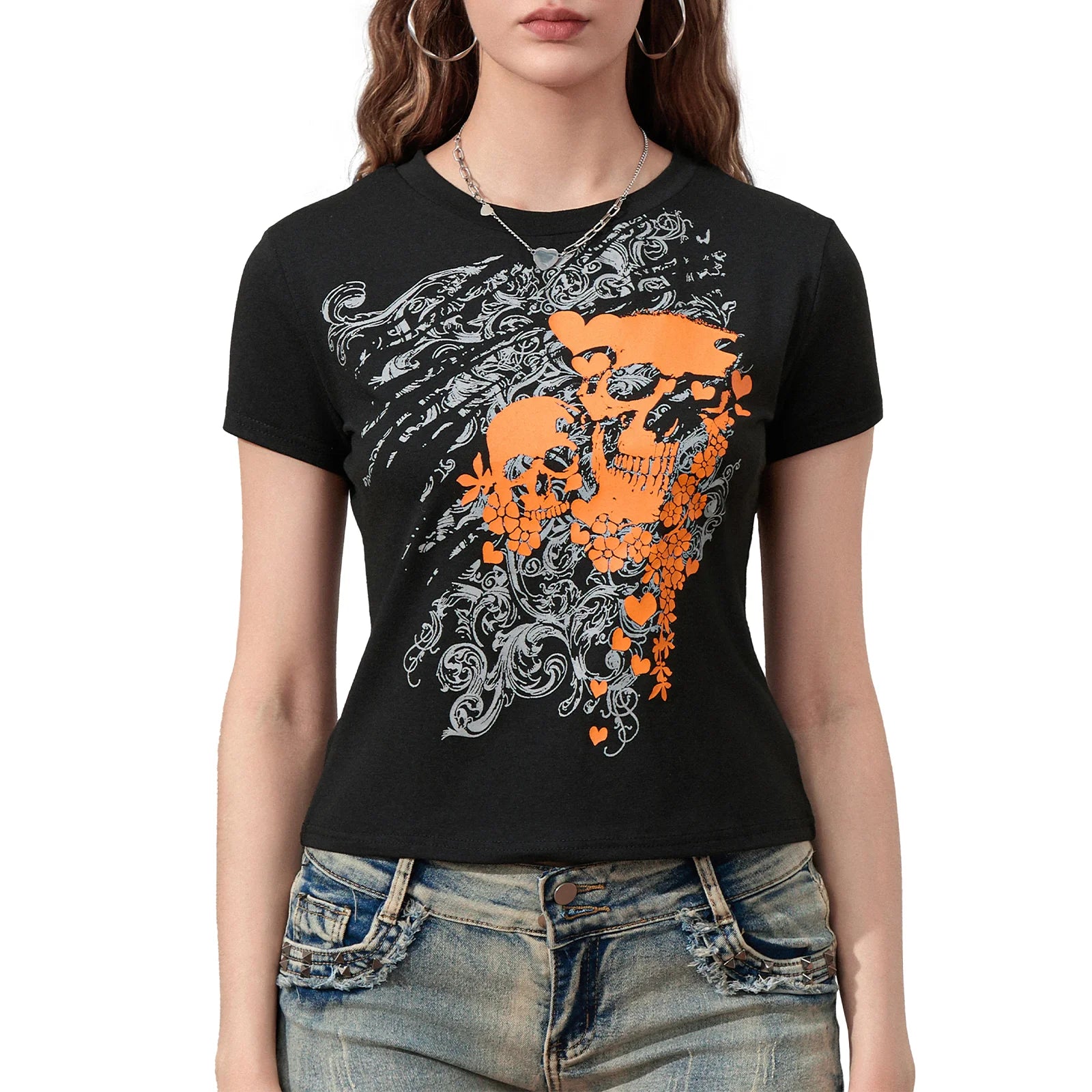 Women's gothic t shirt in black with vibrant skull design, casual wear