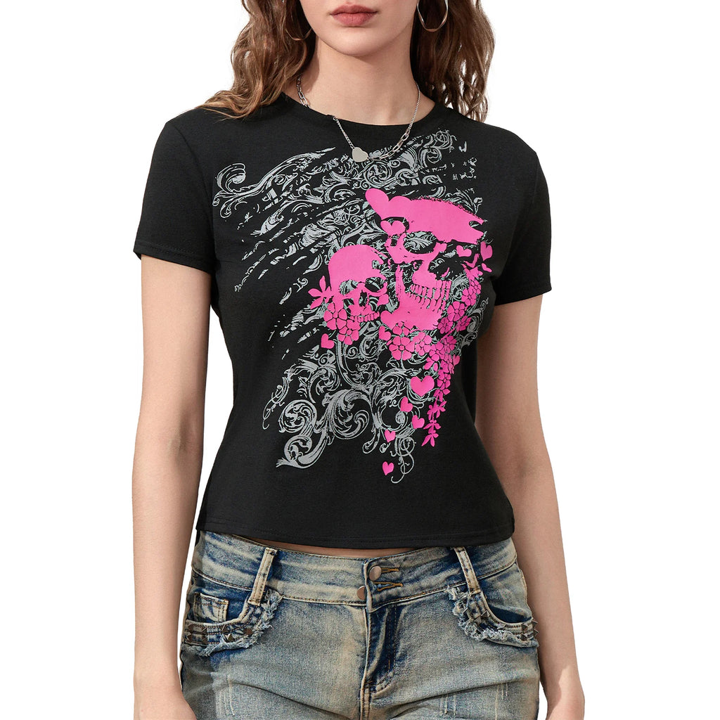 Women's black gothic t shirt with pink skull design, stylish casual wear