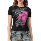 Women's black gothic t shirt with pink skull design, stylish casual wear