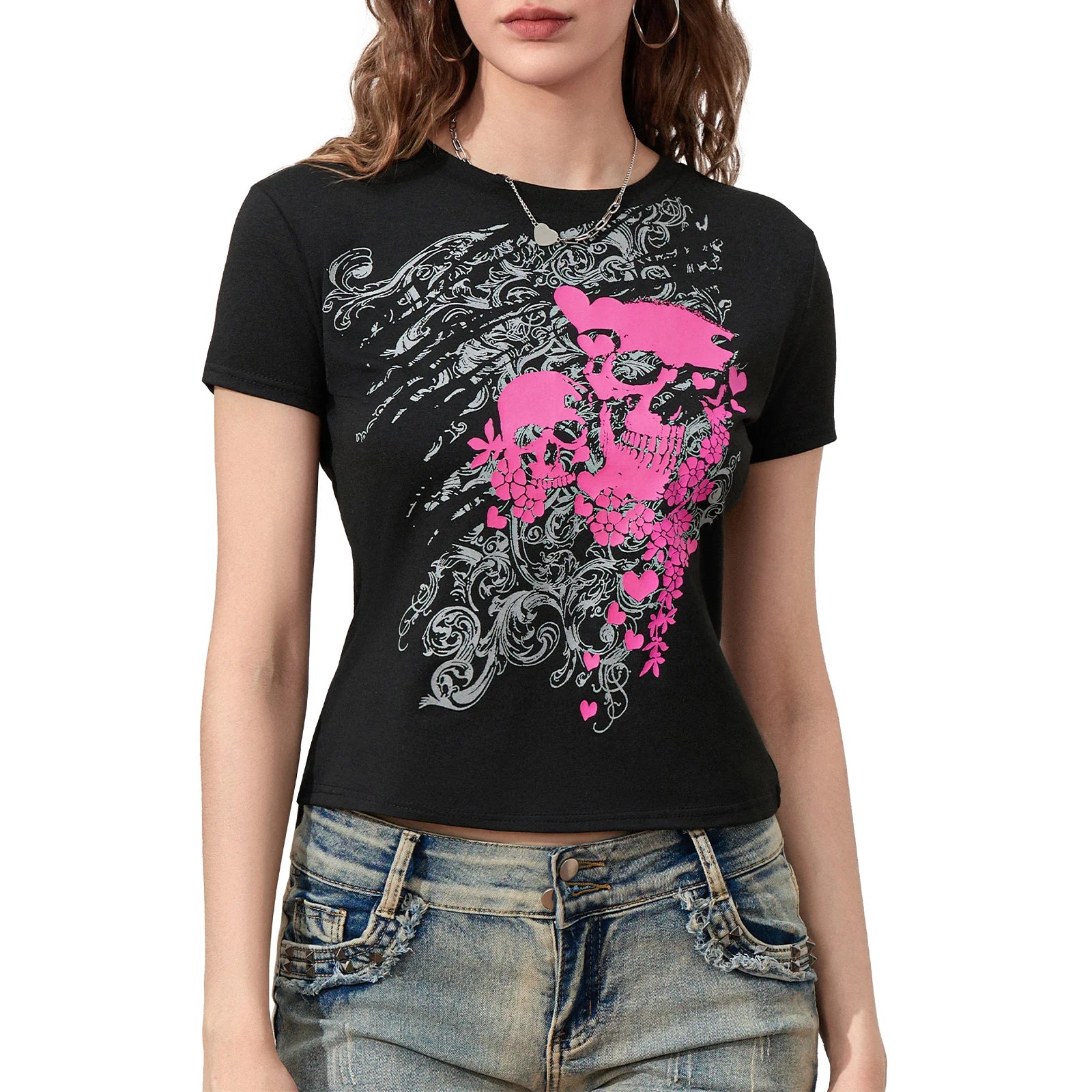 Women's black gothic t shirt with pink skull design, stylish casual wear