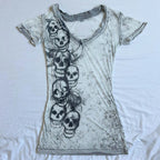 Women's gothic t shirt in gray with skull graphic for casual wear
