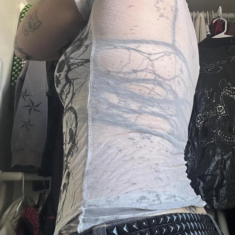 Women's gothic t shirt, sheer white fabric, stylish for casual outings